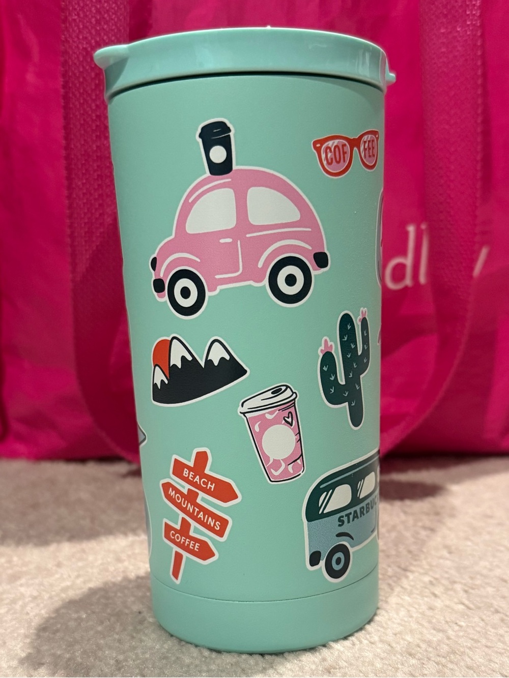 Starbucks Roadtrip Mint Tumbler with Pink Sticker Accents